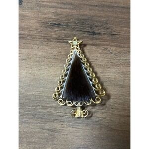 Vintage Mink Fur Signed Tancer II Christmas Tree Brooch Star Pin Gold Tone